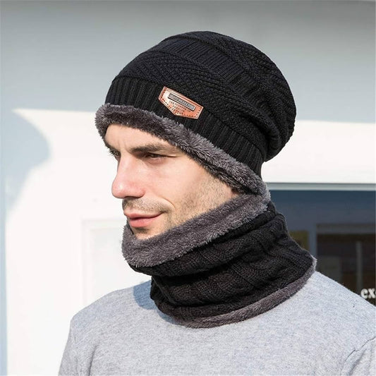 Winter Cap And Neck Elastic Knitting Thick Fleece Warm Woolen Beanie Cap Set 2 Piece( Random Color )